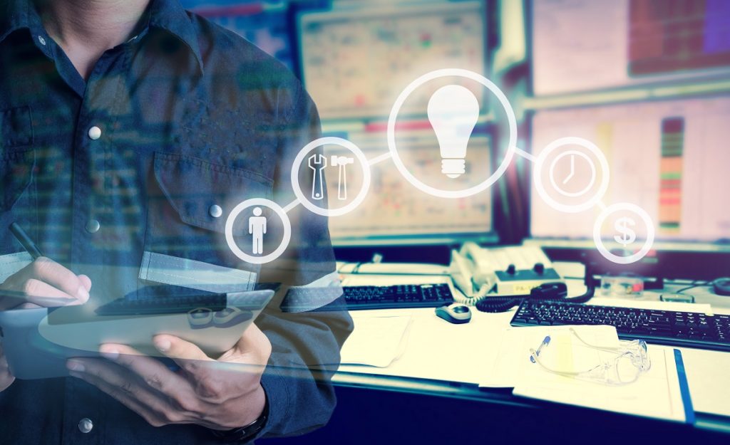 Rappresentazione dell’Intelligenza Artificiale nella gestione della forza lavoro con un focus sulla sicurezza dei lavoratori.