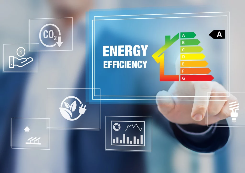 Professionista EGE analizza dati energetici su monitor in azienda sostenibile