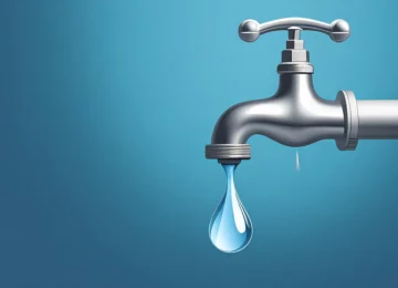 Rubinetto con goccia d’acqua potabile su sfondo blu