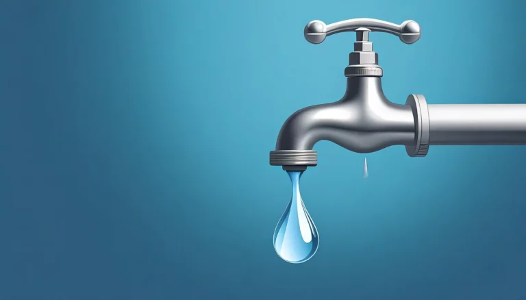 Rubinetto con goccia d’acqua potabile su sfondo blu