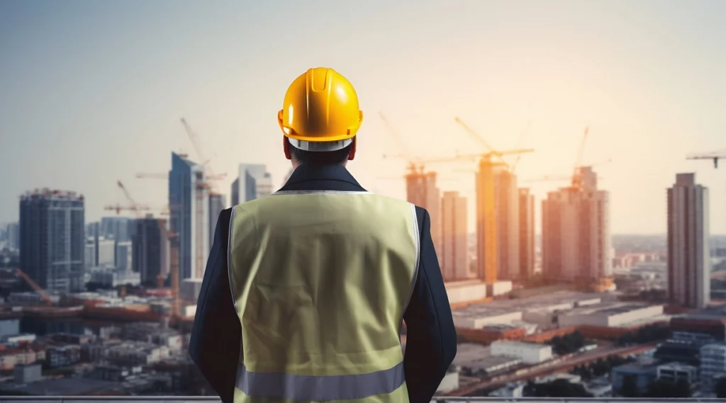 Tecnico con casco giallo osserva un cantiere urbano con grattacieli in costruzione, simbolo delle infrastrutture strategiche