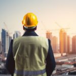 Tecnico con casco giallo osserva un cantiere urbano con grattacieli in costruzione, simbolo delle infrastrutture strategiche
