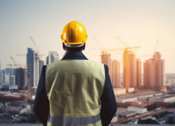 Tecnico con casco giallo osserva un cantiere urbano con grattacieli in costruzione, simbolo delle infrastrutture strategiche