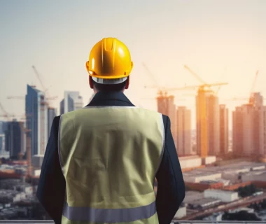 Tecnico con casco giallo osserva un cantiere urbano con grattacieli in costruzione, simbolo delle infrastrutture strategiche