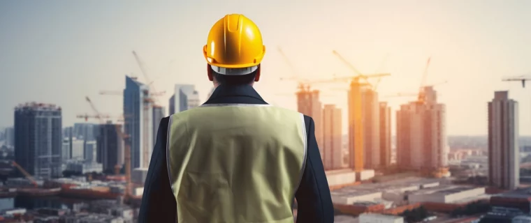Tecnico con casco giallo osserva un cantiere urbano con grattacieli in costruzione, simbolo delle infrastrutture strategiche