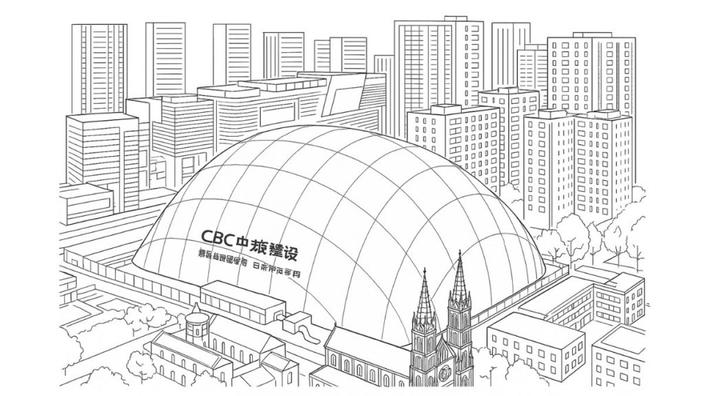 Cupola in PVDF che confina un grande cantiere a Jinan per ridurre polveri, rumore ed emissioni, esempio di edilizia sostenibile.