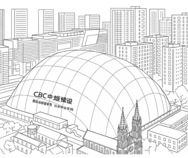 Cupola in PVDF che confina un grande cantiere a Jinan per ridurre polveri, rumore ed emissioni, esempio di edilizia sostenibile.