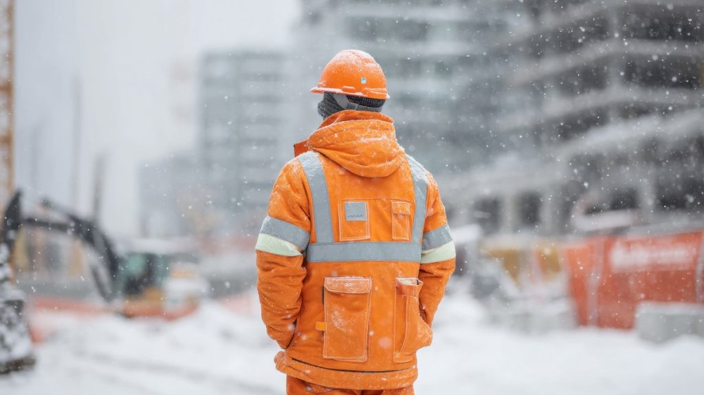 Lavoratore in cantiere durante l’inverno esposto a stress termico da freddo.