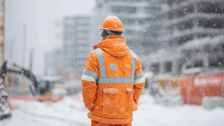 Lavoratore in cantiere durante l’inverno esposto a stress termico da freddo.