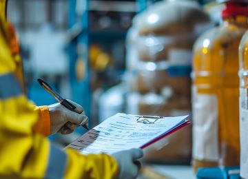 Tecnico consulta schede dati di sicurezza su sostanze chimiche prima dell'uso