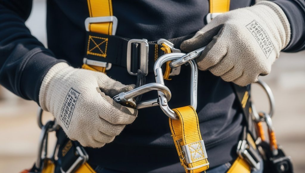 Lavoratore con DPI anticaduta come le cinture con cosciali conformi alla UNI EN 813:2024