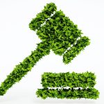 Martelletto del giudice fatto di erba verde - Rappresentazione sanzioni ambientali Legge 147/2025.