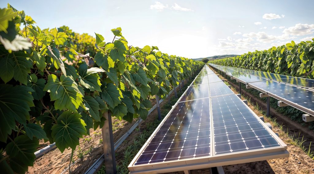Impianto fotovoltaico integrato in un vigneto, esempio di agrivoltaico ai sensi del Testo Unico FER 2026.