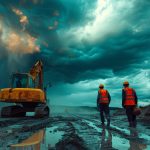Operatori SSL in un cantiere con cielo temporalesco estremo, a simboleggiare i rischi lavorativi del cambiamento climatico secondo la ISO/PAS 45007.