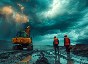 Operatori SSL in un cantiere con cielo temporalesco estremo, a simboleggiare i rischi lavorativi del cambiamento climatico secondo la ISO/PAS 45007.