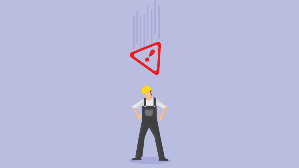 Illustrazione di un mancato infortunio in cantiere con lavoratore edile e segnale di pericolo.