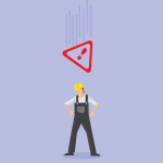 Illustrazione di un mancato infortunio in cantiere con lavoratore edile e segnale di pericolo.