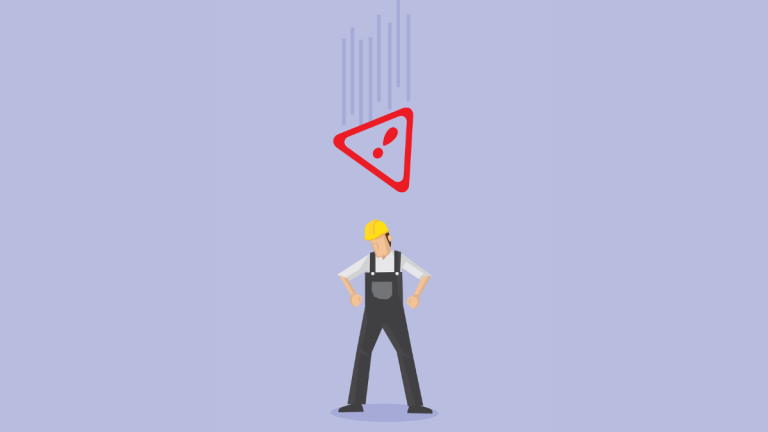 Illustrazione di un mancato infortunio in cantiere con lavoratore edile e segnale di pericolo.