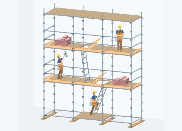 Operai su ponteggio nei lavori in quota con sistemi di protezione contro le cadute dall’alto.