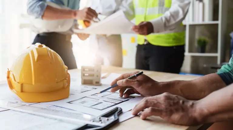 Professionisti analizzano planimetrie e modelli per la sicurezza sul lavoro in conformità alla Legge 198/2025 e al D.Lgs. 81/08.