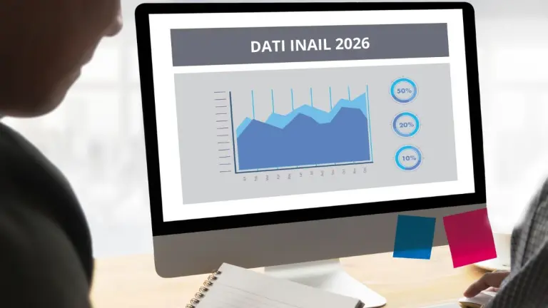 Analisi grafica dei dati INAIL 2026 su infortuni e malattie professionali mostrata su un monitor con la scritta Dati INAIL 2026.