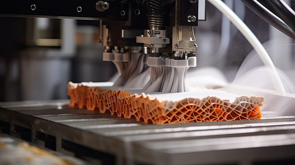 Testata di stampa 3D industriale multi-ugello durante la creazione di un componente complesso. Esempio di macchina soggetta al Regolamento UE 2023/1230.
