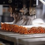 Testata di stampa 3D industriale multi-ugello durante la creazione di un componente complesso. Esempio di macchina soggetta al Regolamento UE 2023/1230.
