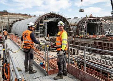 Operatori in sicurezza con DPI e imbracature in primo piano, cantiere galleria con cassaforma complessa sullo sfondo - Norma UNI 11763-3.