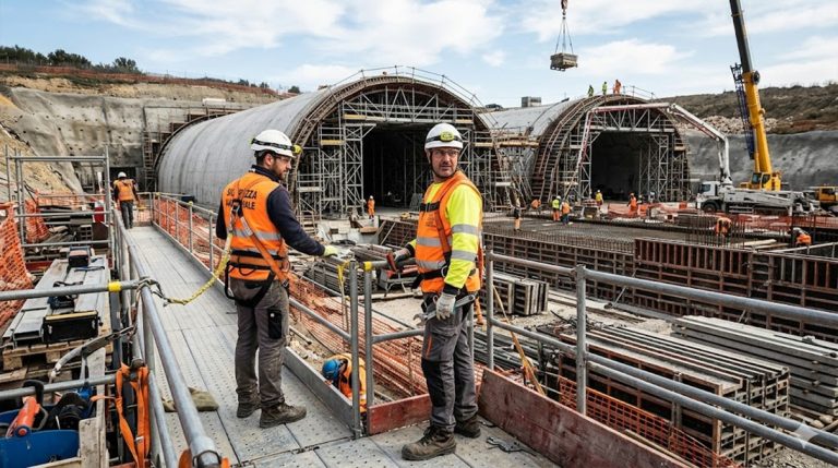 Operatori in sicurezza con DPI e imbracature in primo piano, cantiere galleria con cassaforma complessa sullo sfondo - Norma UNI 11763-3.