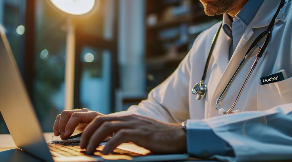 Medico al computer mentre utilizza il nuovo servizio telematico Inail per l'invio del certificato medico di infortunio.