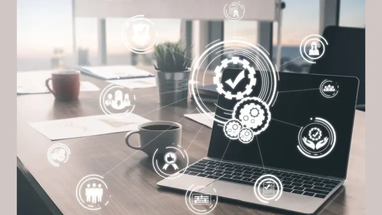 Certificazione conciliazione vita-lavoro e gestione digitale del lavoro secondo il Decreto 62/2026; icone di qualità aziendale su sfondo di ufficio moderno con dispositivi per l'accesso a piattaforme digitali.
