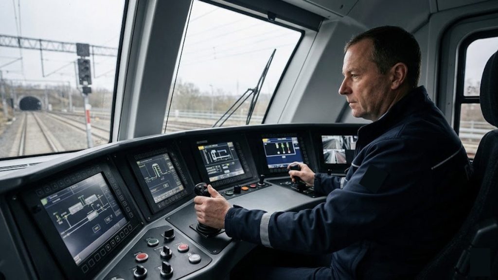Cabina di guida ferroviaria con sistemi di controllo per condotta ad agente solo.