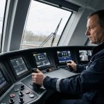 Cabina di guida ferroviaria con sistemi di controllo per condotta ad agente solo.