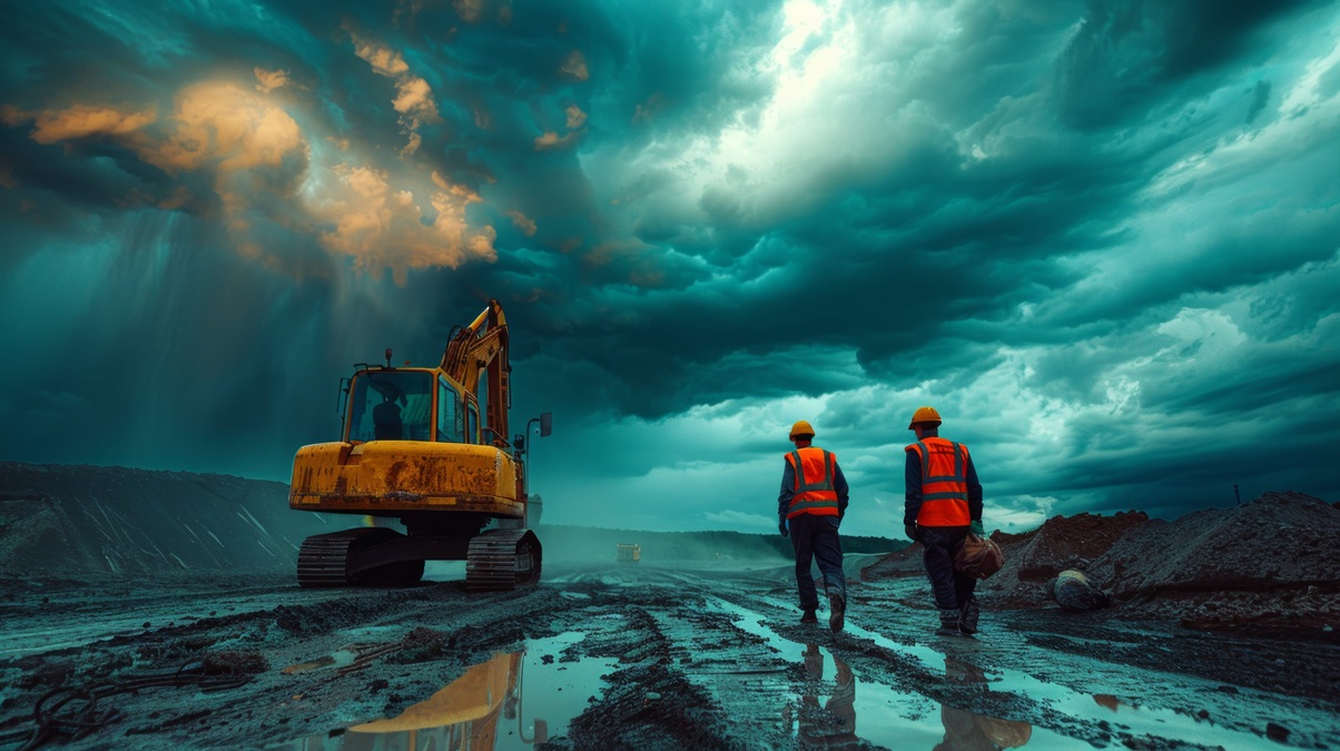 Operatori e macchinari da scavo in cantiere sotto un cielo temporalesco, simbolo delle novità del Decreto Ambiente DL 177/2026.